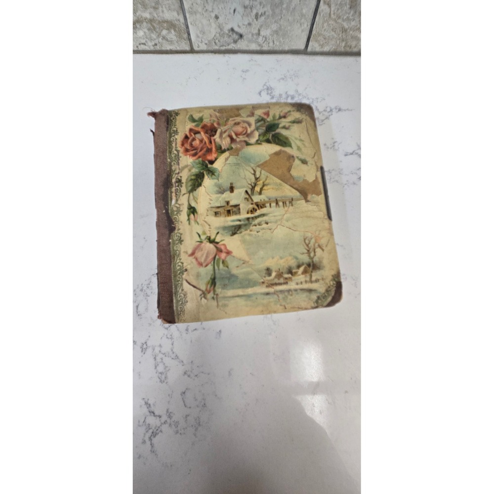 Antique Victorian Photo Album Winter Mill Scene Lithograph Cover Floral Velvet